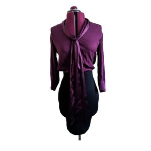 Alice + Olivia purple silk and black skirt dress size 2 with bow tie neck